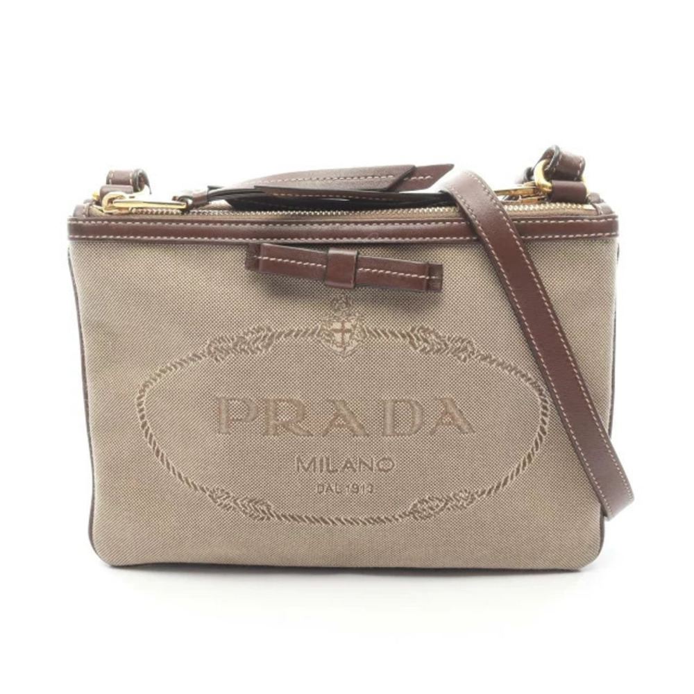 Prada JACQUARD Shoulder Bag Canvas Leather Beige Cream Brown